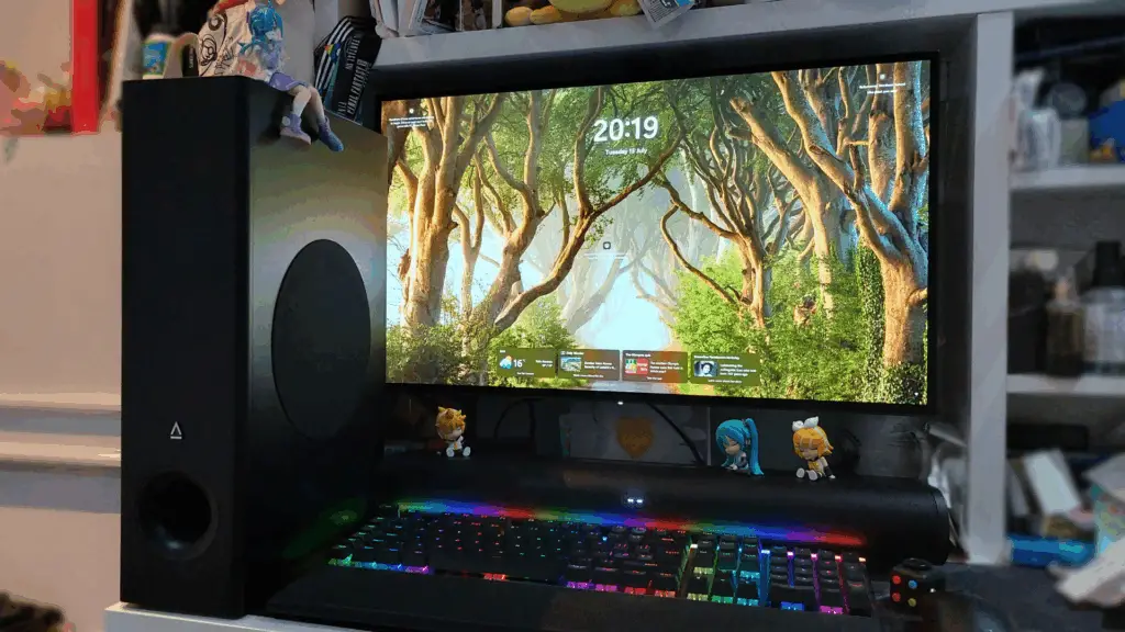 An ill-advised setup, featuring both the Creative Stage Pro soundbar AND subwoofer on an otherwise typical desk.