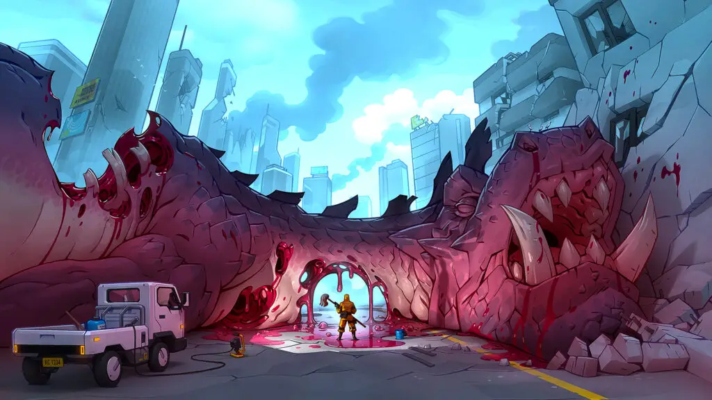 a cleaner stood under the partially hollowed out body of a huge monster