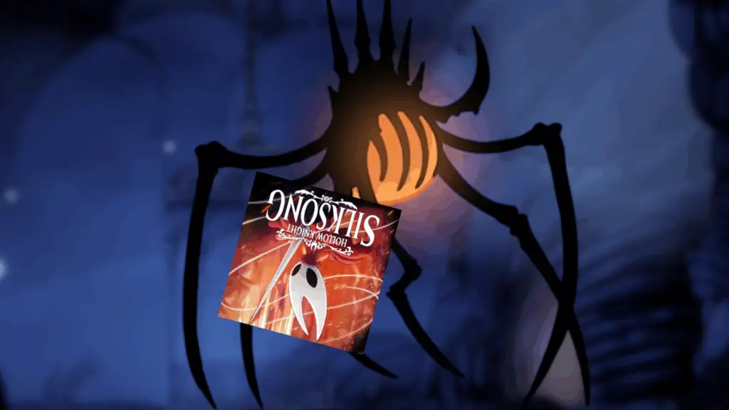 An edited image of Nosk from Hollow Knight with the Silksong cover art in place of its head.