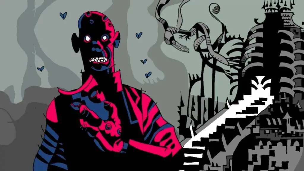 stylized drawing of Zombie removing mask in front of large mausoleum in Dread Delusion.