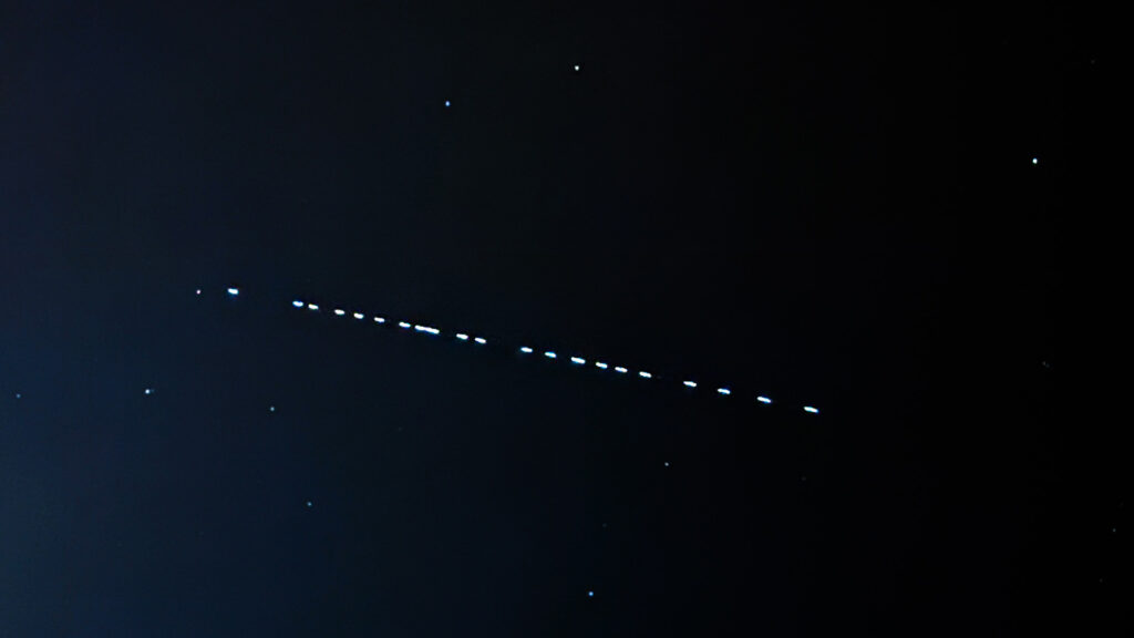 Starlink satellites passage is seen on the sky in southern Poland on November 1, 2024.