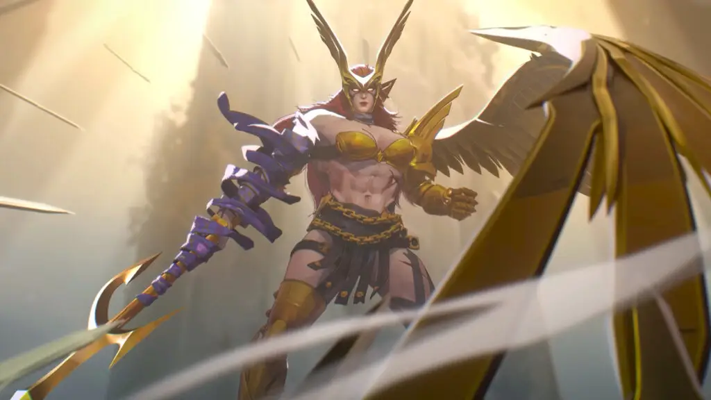 Marvel Rivals Season 4: An almost fully-body shot of Angela as she pulls her wing towards her shoulder.