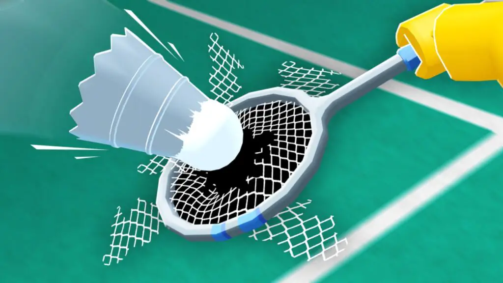 A Roblox character hand holding a racket for badmitton on a court