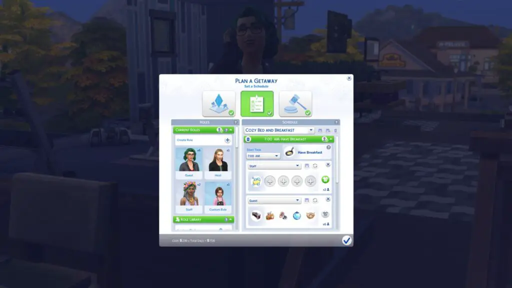 The Sims 4: Adventure Awaits getaway planner, showing the schedule menu