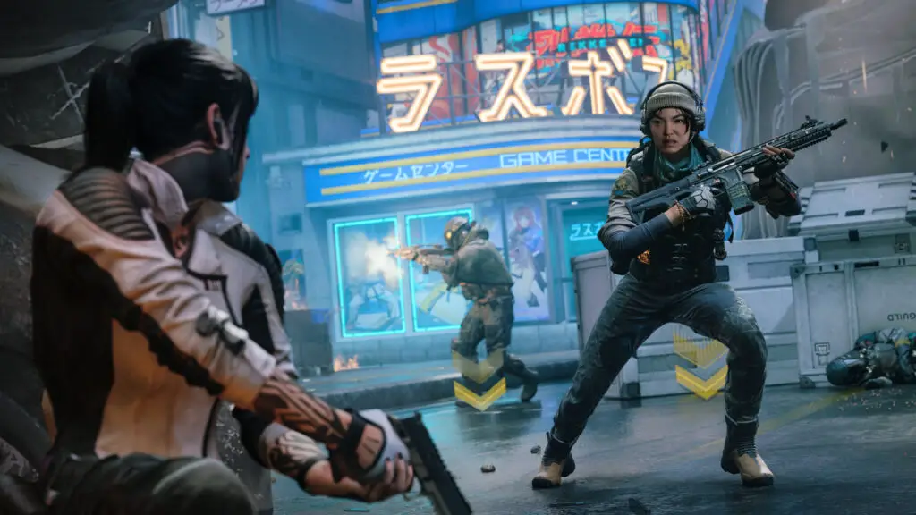 Call of Duty Black Ops 7 beta: Key art of a soldier crouched behind a barricade on the left as two run towards them from the distance.