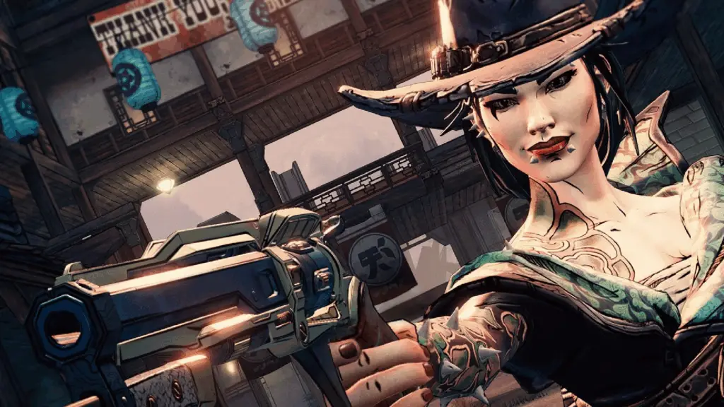 Rose from the Borderlands 3 DLC Bounty of Blood aims a revolver sickeningly.