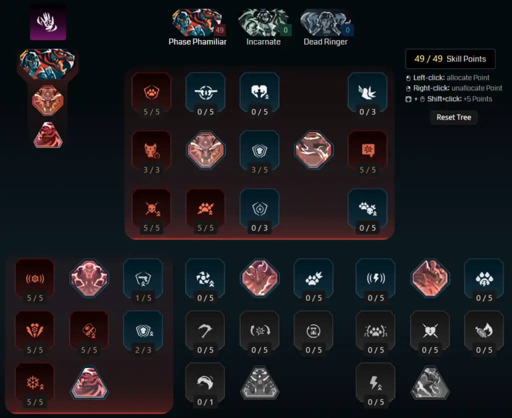 Borderlands 4 Vex builds: A screenshot of Vex's Here Comes Trouble tree for her Here Comes Trouble build from Maxroll's builder.