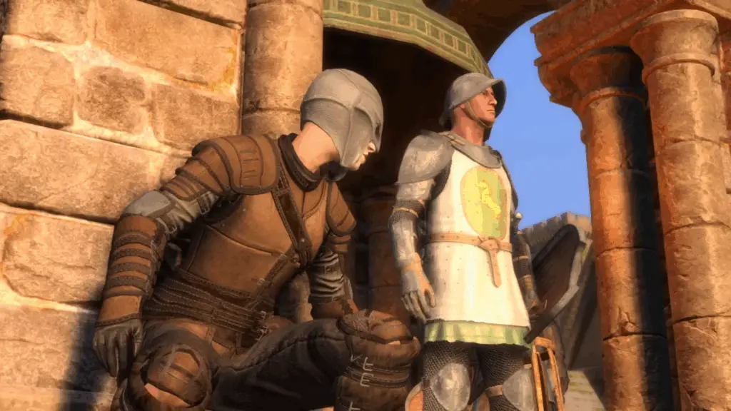 Grey Fox in leather armor sneaking up on town guard in belltower in Skyblivion.