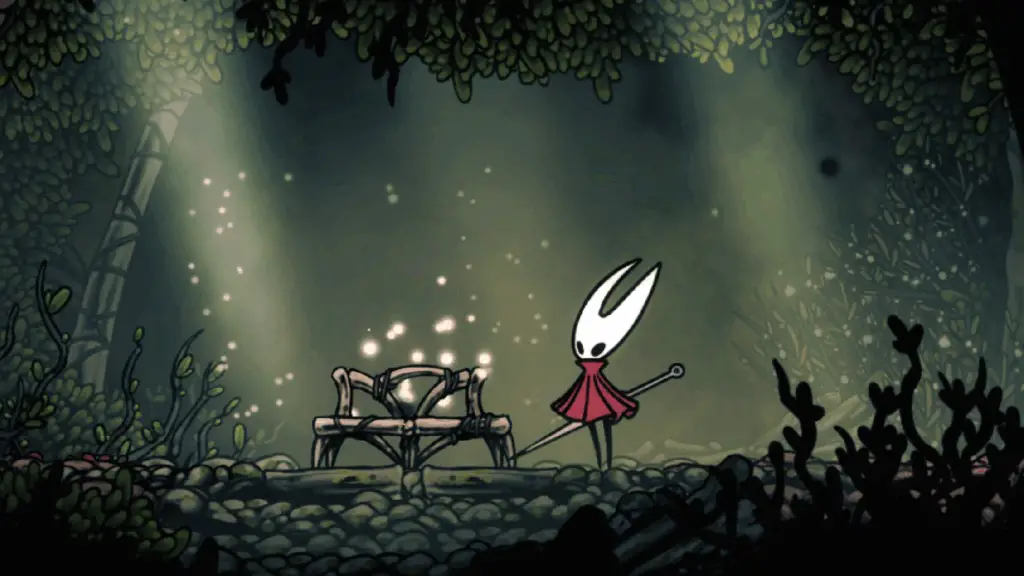 Hornet looks at a bench in Hollow Knight: Silksong.