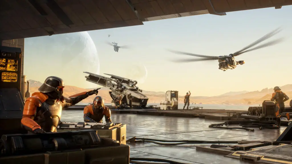 Ornithopters descending into the desert, a figure in sci-fi armor surveys the vast, dangerous landscape of Arrakis.