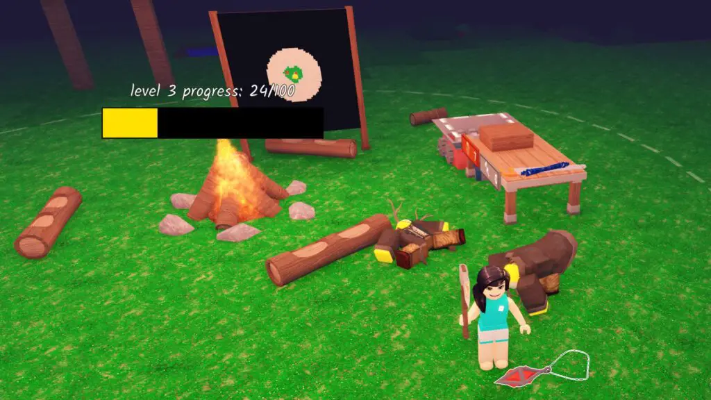 99 Nights in the Forest player with a map and upgraded bench just behind them.