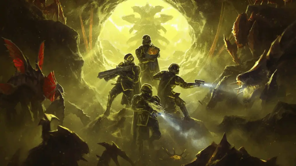 A squad of Helldivers in Helldivers 2 heroically face down a nest full of insect Terminids.