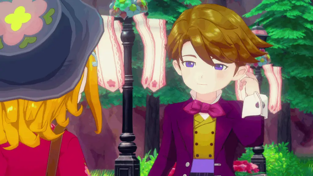 Story of Seasons - A cahacter in a purple tuxedo stands outside in a town square talking to the player