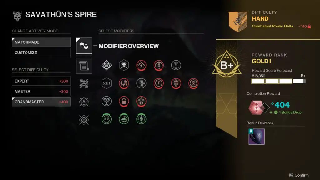 The Portal modifiers screen.