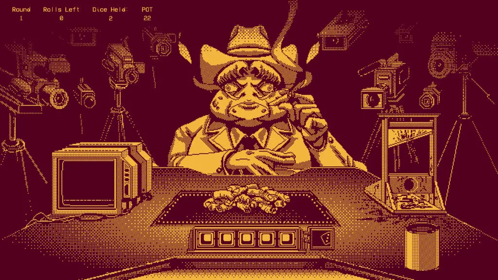 A demonic toad-man wearing a cowboy hat smokes a cigar opposite a gaming table with a pile of severed fingers in its centre.