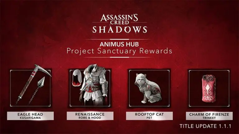AC Valhalla Animus Hub Sanctuary rewards lineup, featuring an Ezio-dressed cat.