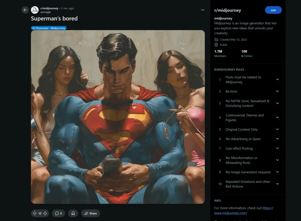 Midjourney-generated image of Superman playing on his phone