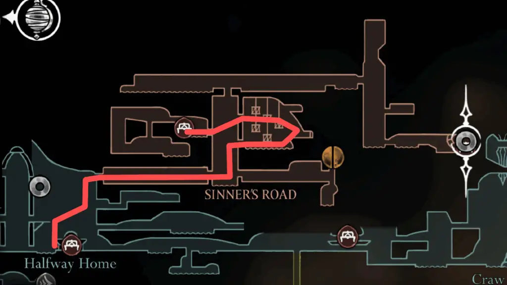 A quick map showing the general path to the bench in Sinner's Road.