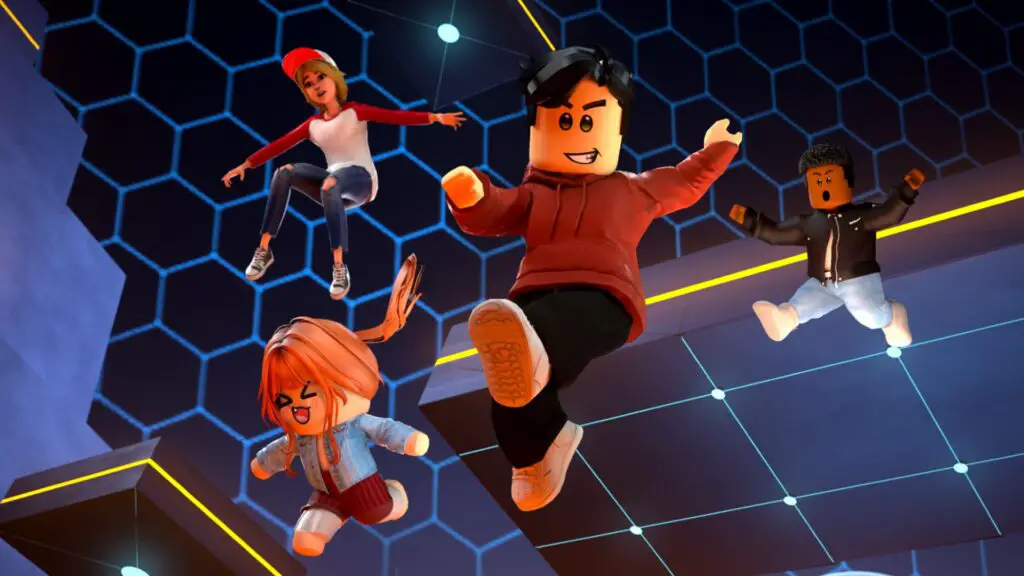 Four Roblox player avatars jumping toward the screen, all in various art styles to show user avatar options