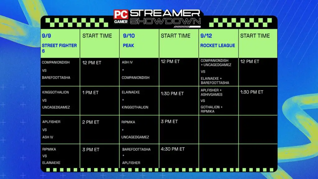 Streamer Showdown schedule on a blue background showing three days of matchups and their corresponding times