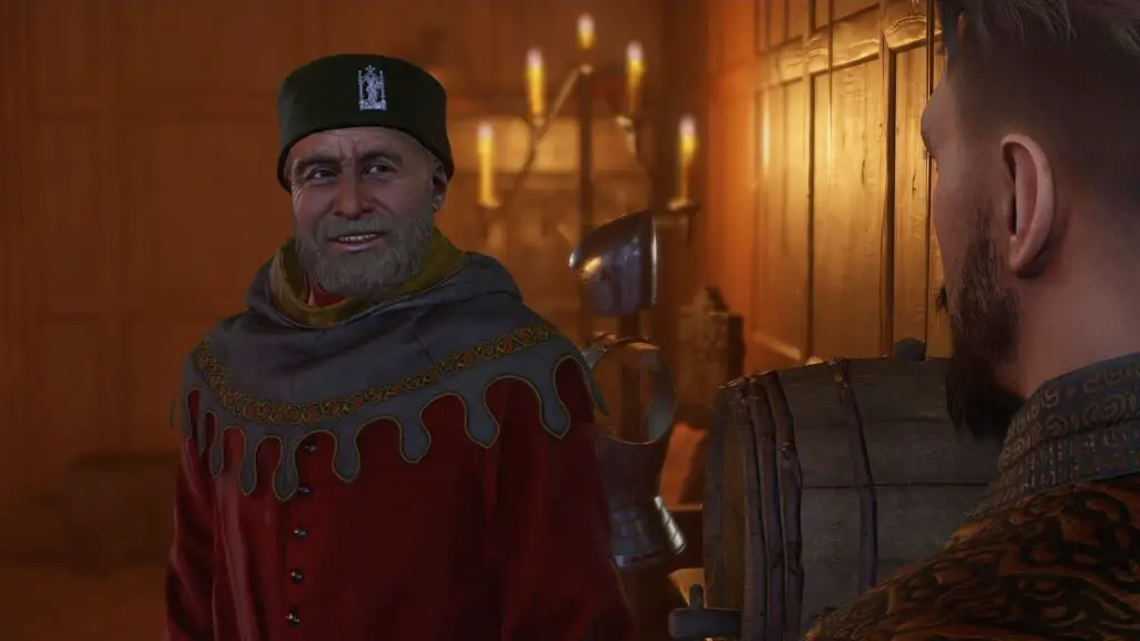 A scene from Kingdom Come: Deliverance 2, showing a character at the blacksmith's forge, representing the guild trial.