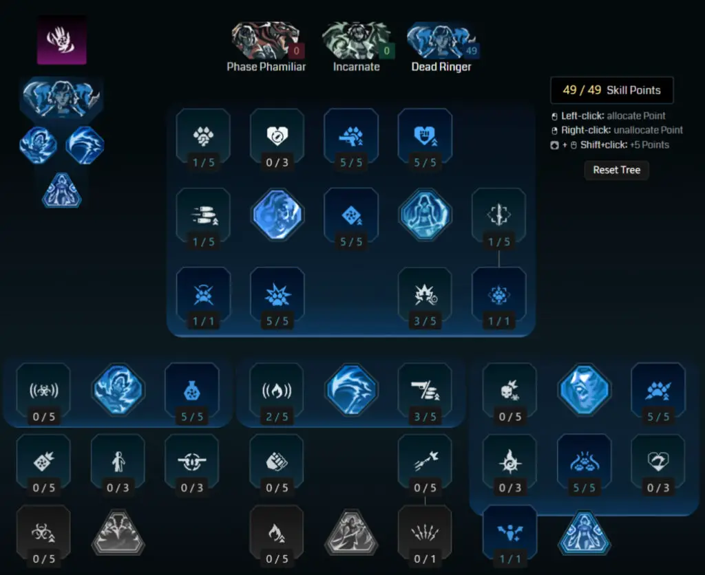 Borderlands 4 Vex builds: A screenshot of Vex's The Fourth Seal tree for her Minion Mayhem build from Maxroll's builder.