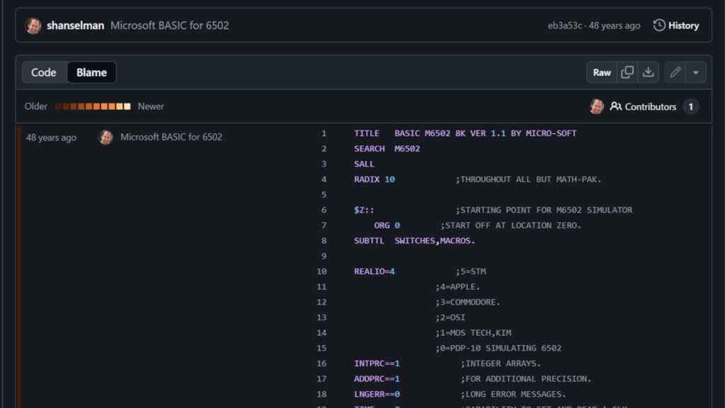 A screenshot of Microsoft's GitHub repository for its open-source release of the 6502 BASIC operating system
