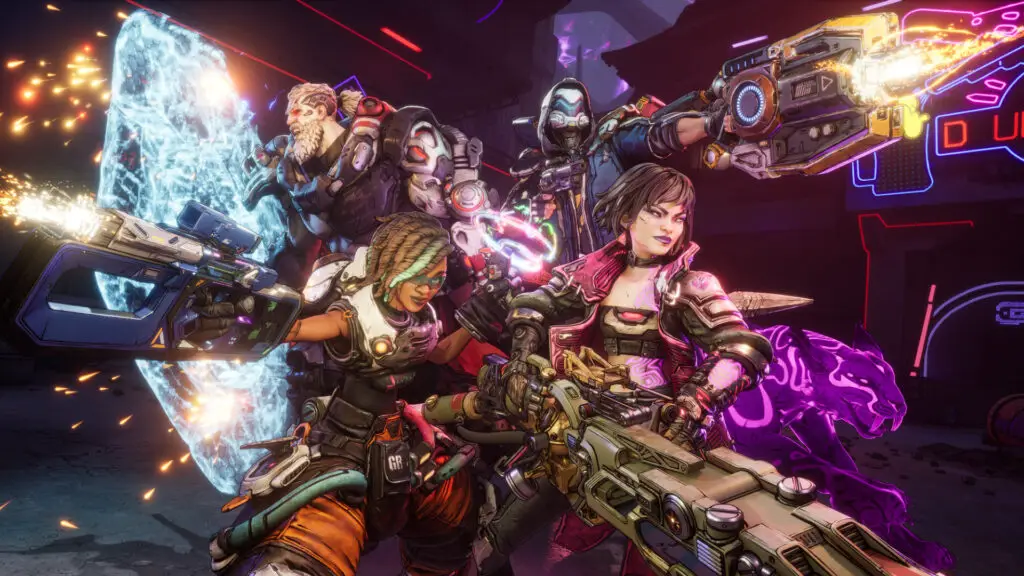 Borderlands 4 combat radar compass: All four Vault Hunters stood back to back firing weapons. Harlowe is in the bottom left, Vex in the bottom right, Amon in the top left, and Rafa is in the top right.