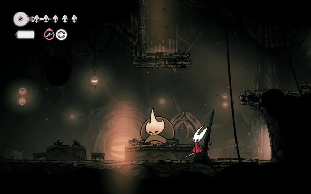 Hollow Knight Silksong protagonist Hornet encounters a big seated bug