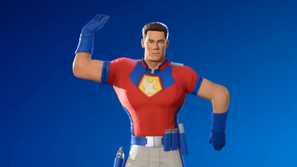 Peacemaker doing the Peaceful Hips emote.