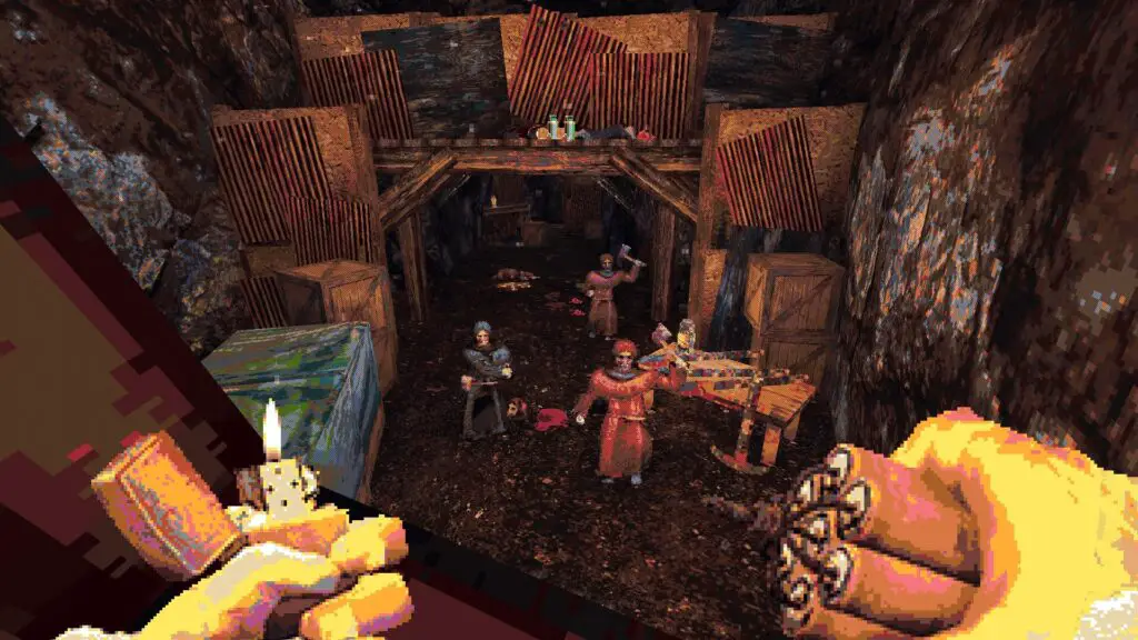 Cultists charge toward the camera through a mine tunnel as the player wields a stick of dynamite and a lighter.