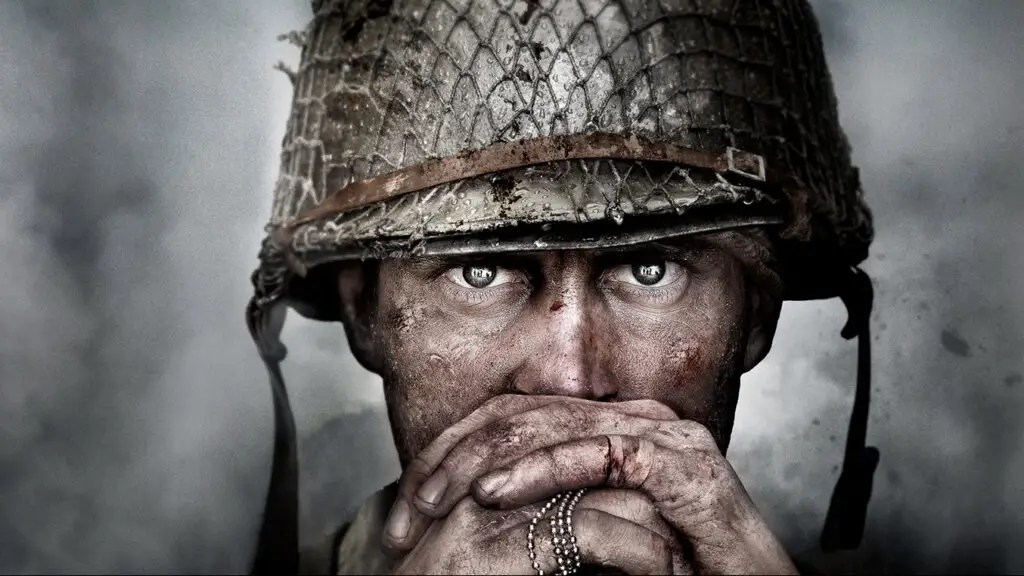A soldier looks at the camera in Call of Duty: WW2.