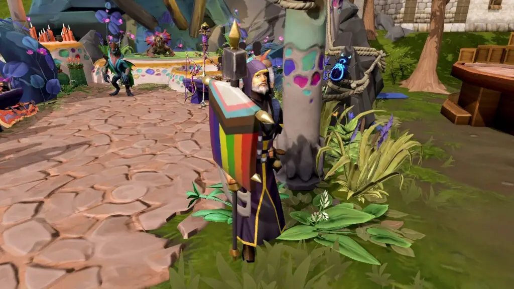 A little RuneScape guy holding a Pride flag banner.