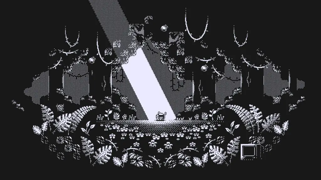 a black and white pixelated robot in a cave with lush plants