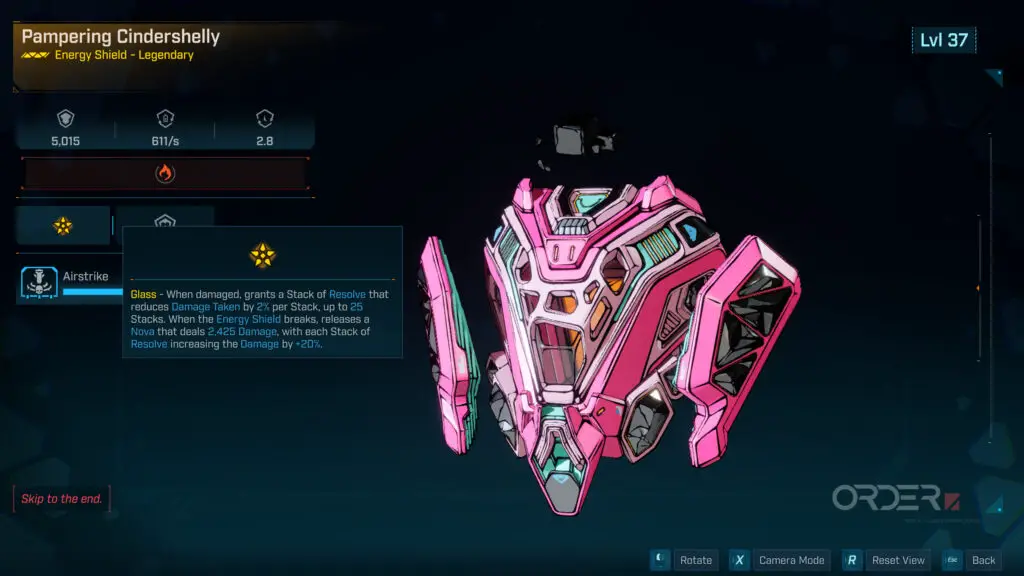 Borderlands 4 Cindershelly: The Pampering Cindershelly legendary shield viewed in the inspection screen, highlighting its unique perk.