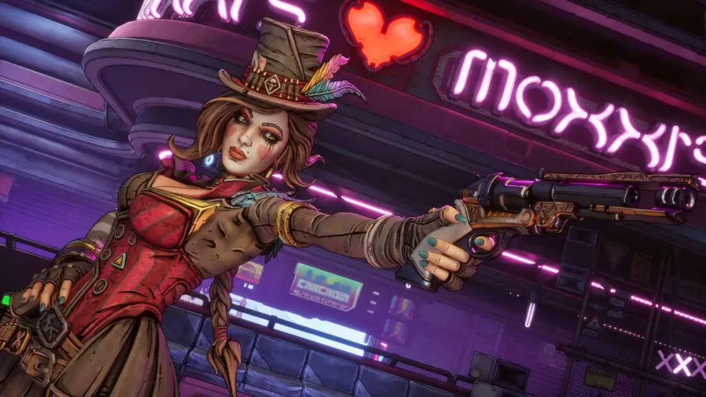 Borderlands 4 campaign skip replayability: An upper-body shot of Moxxi standing side-on while holding a pistol out in her left hand, stood outside her bar.