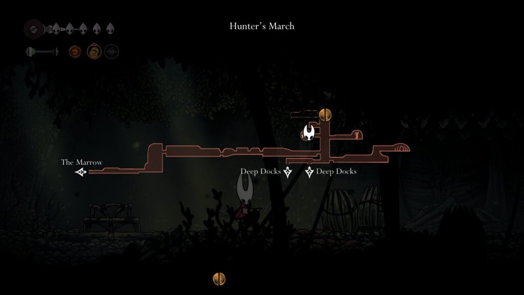 A map showing the location of the Hunter's March bench in Hollow Knight: Silksong.
