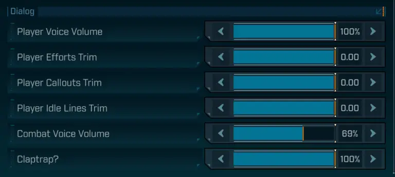Dialog volume sliders in Borderlands 4, showing a slider specifically for Claptrap.