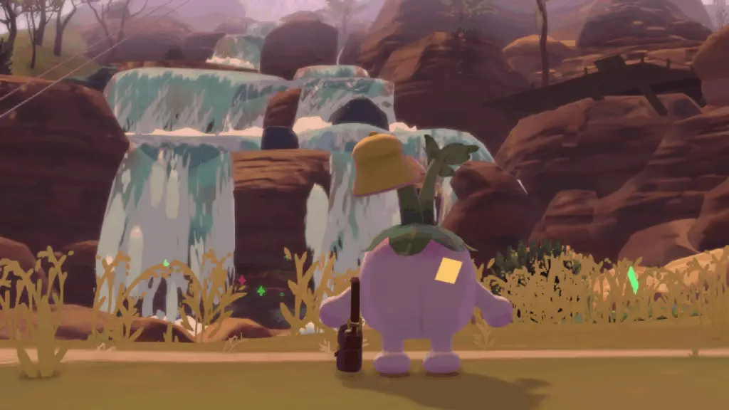 A turnip postal worker with a "juicy bum" stands amazed in front of a scenic waterfall.