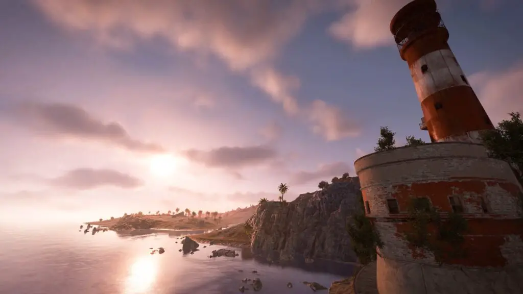 The sun shines through volumetric clouds above a rugged coastline. A red and white lighthouse squats on the right side of the image.