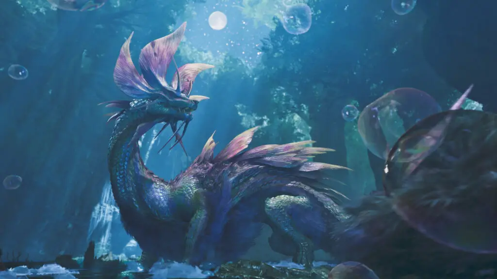 Mizutsune, the fox-like leviathan monster, surrounded by bubbles in Monster Hunter Wilds.