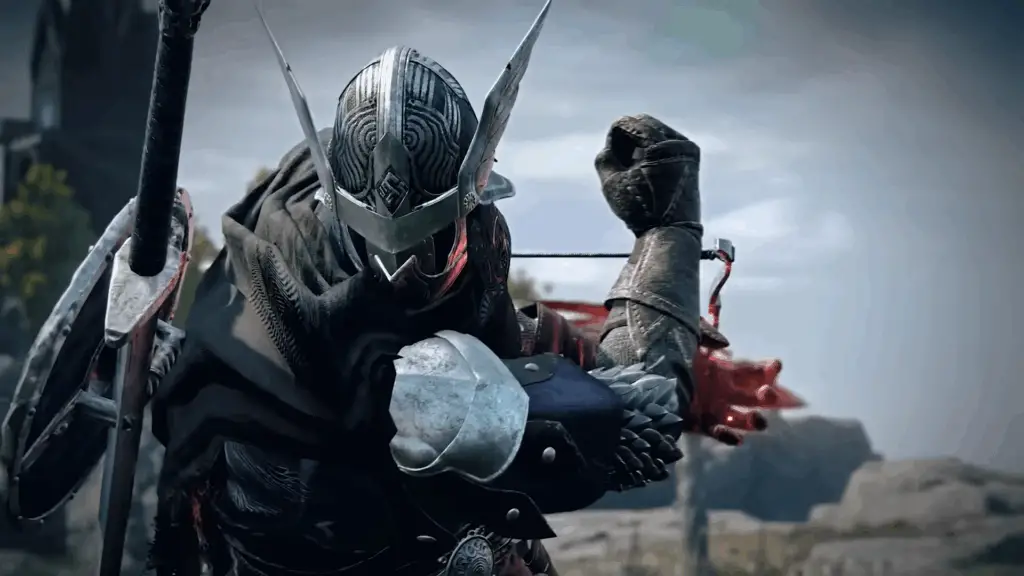 An Elden Ring Nightreign character clad in full armor, rearing back what looks to be a small crossbow before firing.