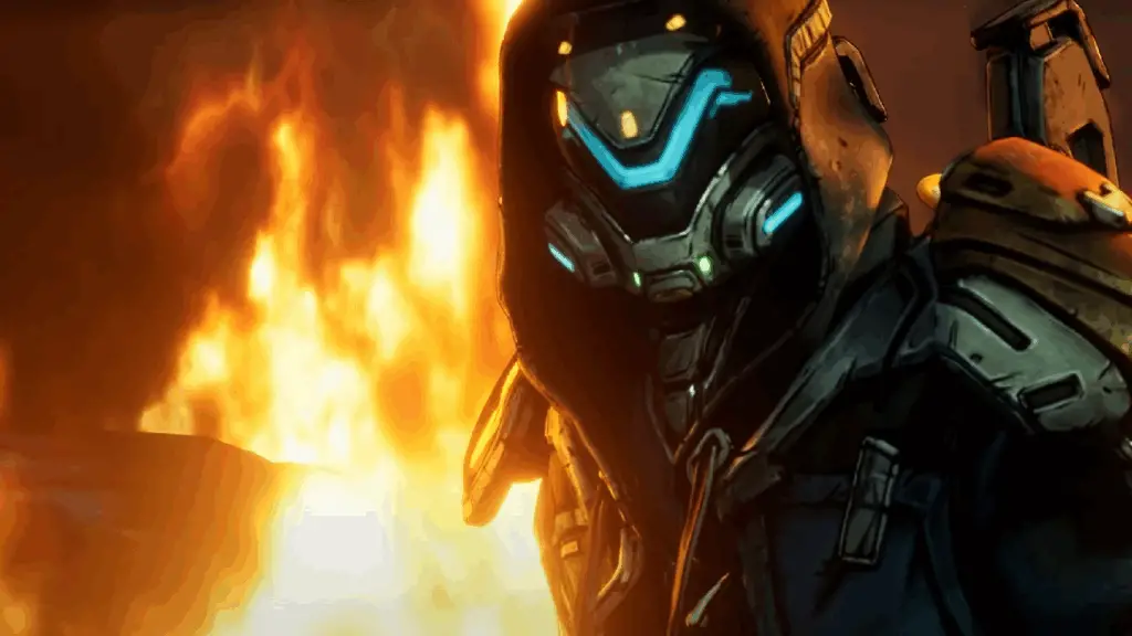 A Vault Hunter in Borderlands 4 stands poised to strike, while fire rages in the background.