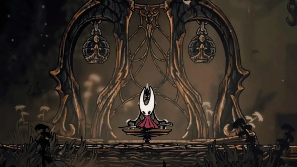 Hornet sits on a bench in Hollow Knight: Silksong.