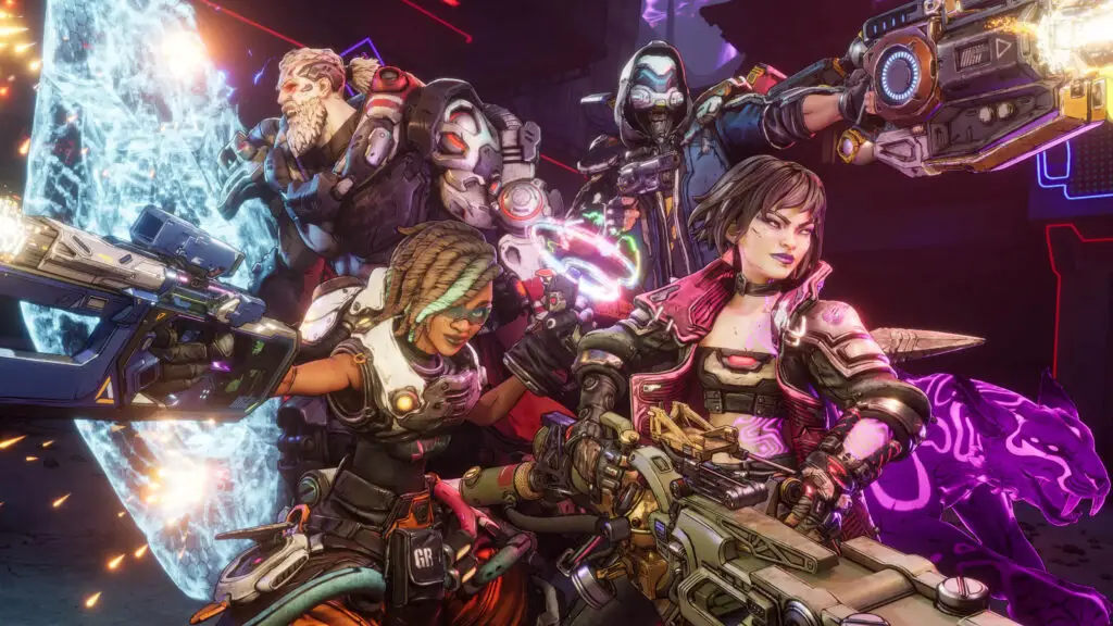 Best Borderlands 4 characters: All four Vault Hunters posing with their weapons and unique abilities, with Harlowe in the bottom left, Vex on the bottom right, Amon in the top left, and Rafa in the top right corner.