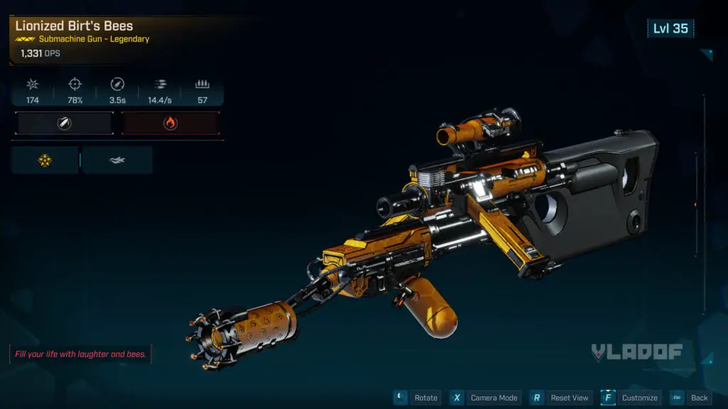 A legendary SMG item card for Birt's Bees in Borderlands 4, showcasing its unique traits and design.
