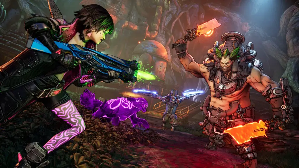 Borderlands 4 respec: Vex running towards a large Ripper while firing a corrosive weapon, with Vex's summon Trouble and Rafa also advancing on the enemy in the background.