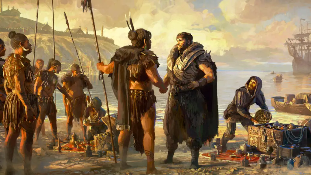 A loading screen from Path of Exile 2. A man in heavy armor speaks with a woman holding a spear on the coast of an island.