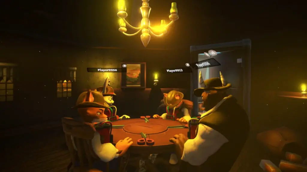 A screenshot of four players around a table in Cut That Wire by WakaStudio