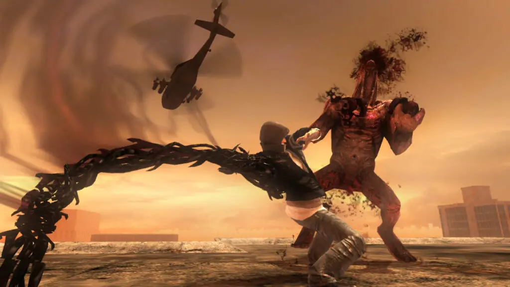 Alex Mercer attacking a mutant enemy with an elongated whip arm in Prototype.